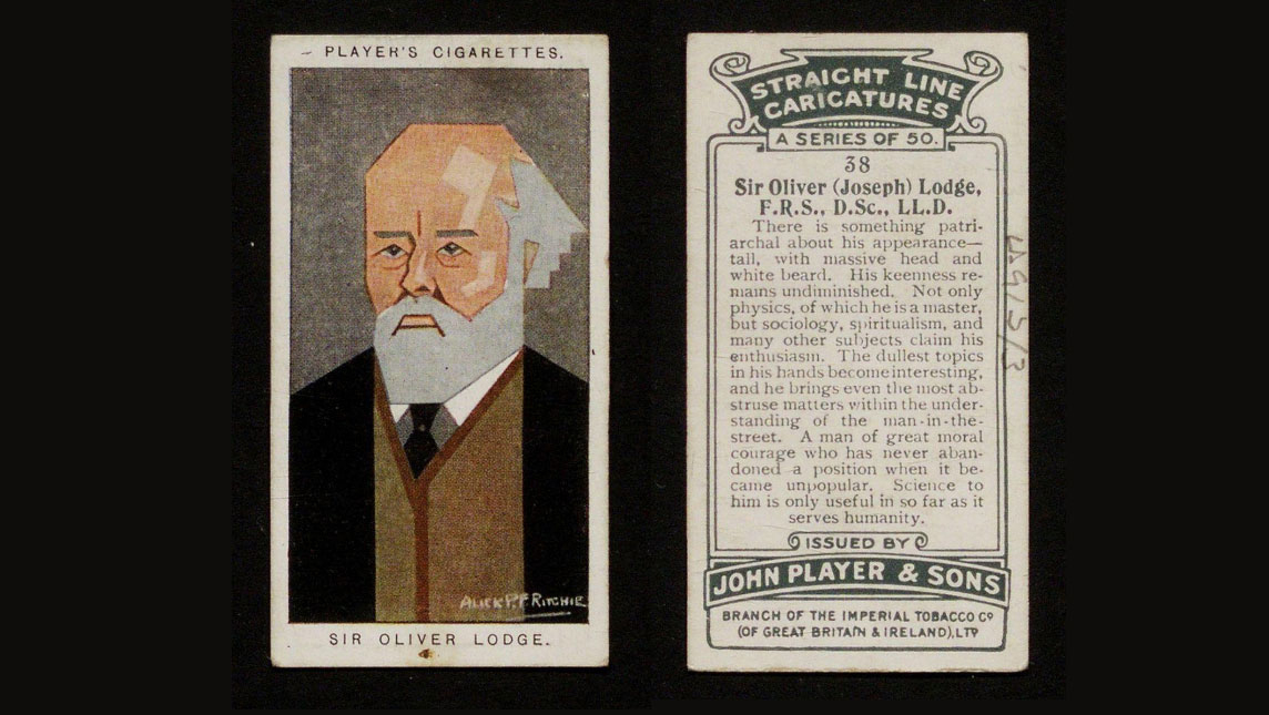 Photograph from Player's Cigarette card and cartoon caricature of Sir Oliver Lodge. ©The University of Liverpool via British Association for the Advancement of Science (Collections on the History of Science: 1830-1970)